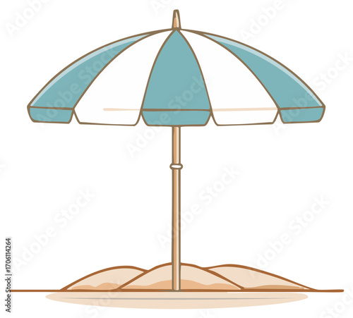 Beach umbrella illustration, blue and white parasol on sand, tropical coastline escape, vacation getaway, seaside summer chill, sun protection graphic.