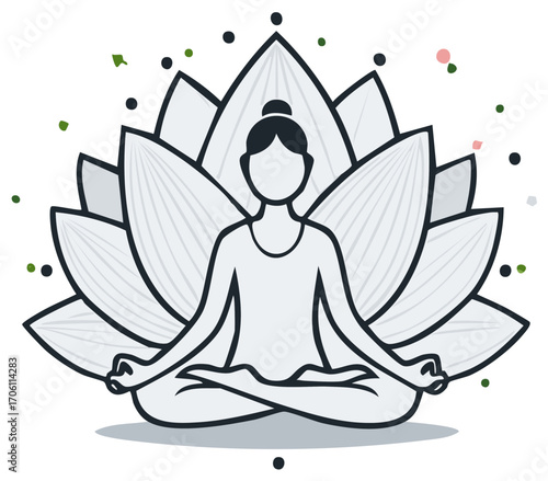 Stylized illustration of a person meditating in a lotus pose surrounded by a large lotus flower.