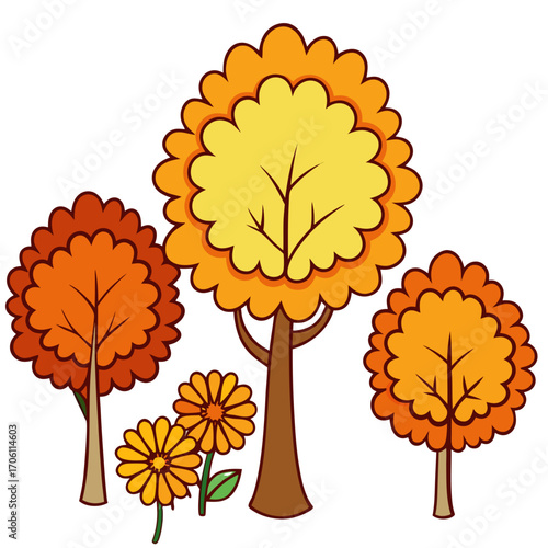 Autumn Trees & Chrysanthemum Cartoon Vector Set