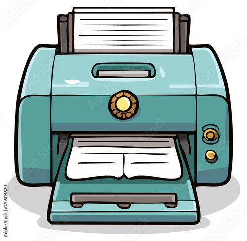 Cartoon style retro printer machine with paper loaded for document printing and office tasks