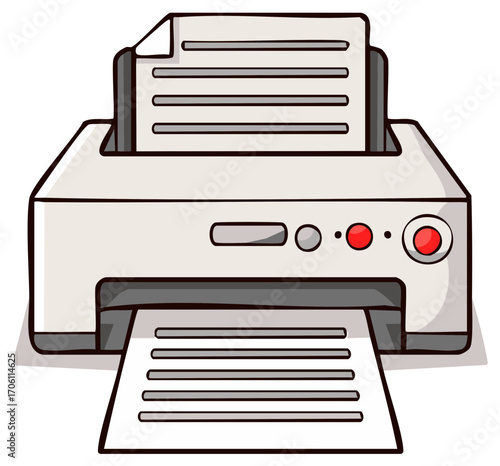 Cartoon style printer printing documents white paper office machine