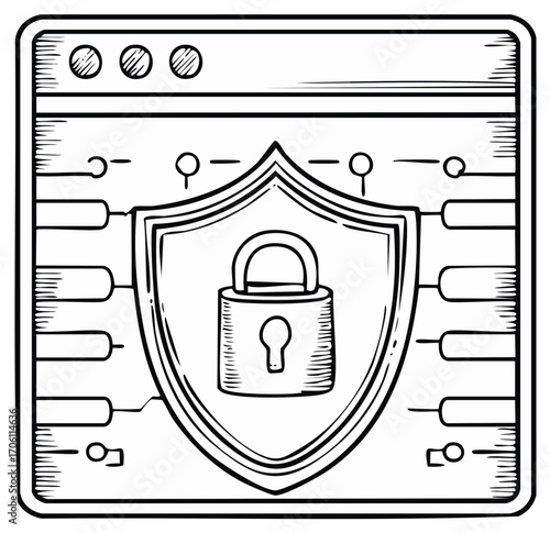 Cyber Security Protection Shield Padlock on Website Window Sketch Illustration