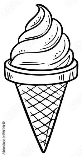 Delicious creamy soft serve ice cream cone detailed black outline drawing