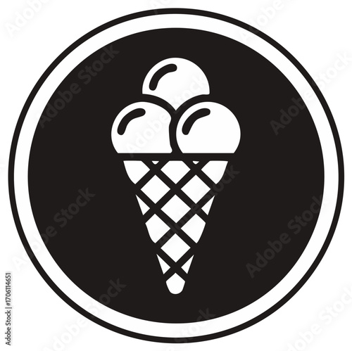 Ice Cream Cone with Three Scoops on a Dark Circle Background Simple Design