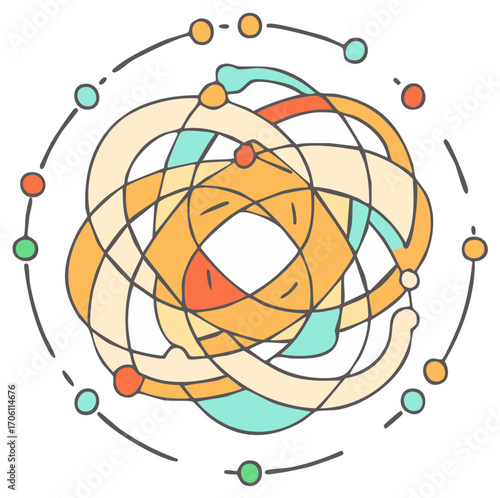 Abstract Model of Atom with Orbitals and Particles in Orange and Turquoise Colors