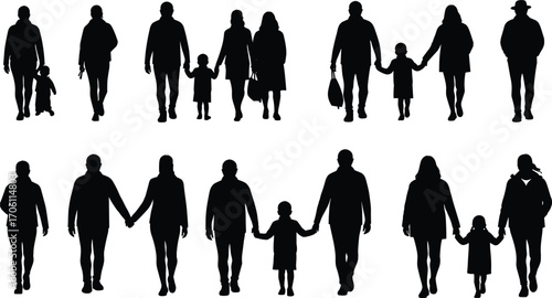 Family silhouettes, parents and children, walking together, holding hands, diverse families, black vector icons, love, unity, relationships, lifestyle concept