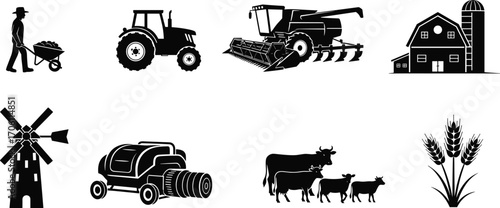 Farm agriculture icon set, farmer tractor barn livestock wheat harvest equipment windmill rural landscape silhouette vector illustration