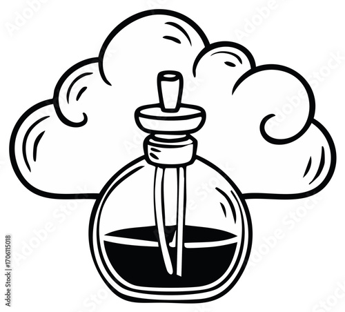 Stylized Perfume Bottle and Puffy Cloud Illustration Representing Fragrance and Aroma