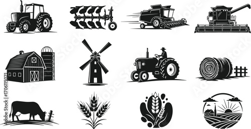 Farm vector silhouettes, tractor, barn, windmill, wheat, harvest, hay bale, cow, agriculture equipment, plow, combine harvester, rural clipart
