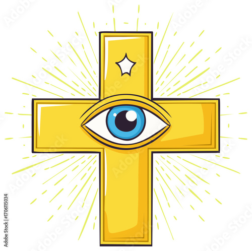 Golden Cross with an All Seeing Eye and Star Spiritual Symbol Illustration