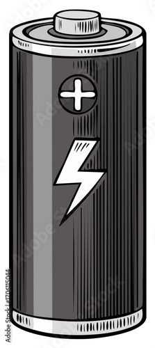 Energized Battery with Plus Sign and Lightning Bolt Graphic, Power Source Illustration
