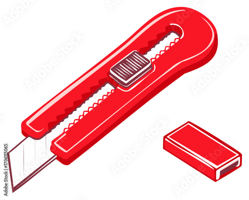 Red retractable utility knife with sharp blade and separate protective cap vector illustration