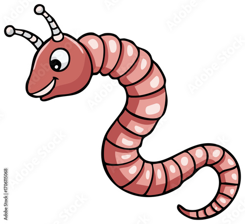 Cartoon Worm Smiling Character with Antennae Earthworm Illustration