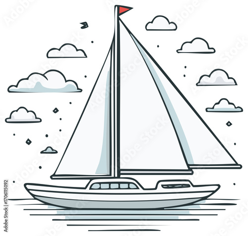 Cartoon Sailboat on the Water with Clouds, Doodle Illustration of Marine Transportation