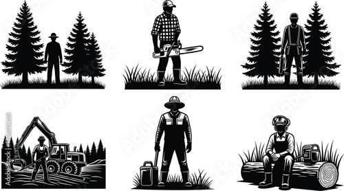 Forestry and logging character set, black-and-white illustration of workers, tools, and machinery for labor, nature, safety, and industry themes