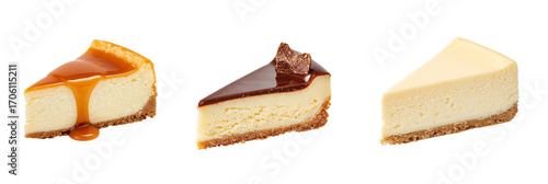 Different cheesecakes: with caramel, with chocolate, vanilla classic. Piece of cheesecake isolated on a transparent PNG / white background. Sweet baked food. Pastry. An element for banners, business.