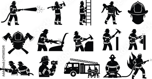 Firefighter silhouettes – fire rescue, firefighting equipment, fireman helmet, fire truck, emergency response, safety gear, fire hose vector set