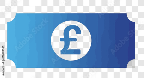 Blue pound sterling currency symbol displayed on a simple ticket shape, representing financial transactions and economic themes.