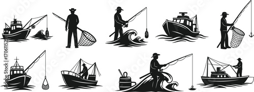 Fishing boat silhouette, fisherman, fishing rod, sea, ocean, waves, net, nautical icon, commercial fishing, maritime, fishery, bait, ship