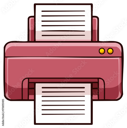 Cartoon Illustration of Pink Printer Printing Documents for Office Work