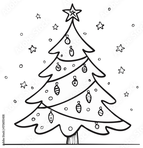Hand Drawn Christmas Tree Outline with Star and Baubles for Coloring Book Activity