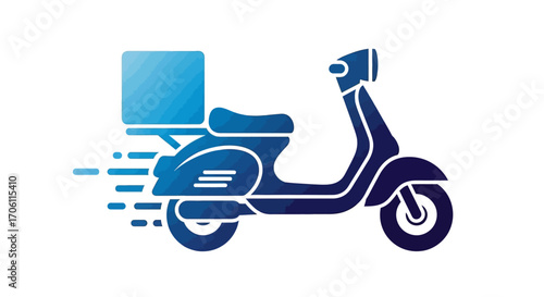 Blue scooter delivering package quickly on white background, symbolizing fast and efficient delivery service, modern and dynamic.