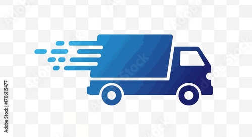 Blue delivery truck speeding on transparent road with motion blur effect creating sense of urgency and fast shipping, symbolizing efficient service.