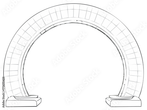 Futuristic arched gateway structure with geometric grid line art design