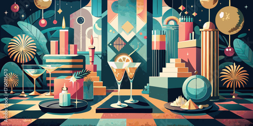 Vector illustration of colorful lights and balls, a glass of wine, and a seamless urban travel pattern for a party and city design