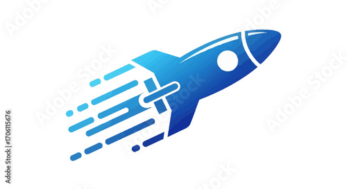 Blue rocket soaring upwards with speed trails on a white backdrop, symbolizing innovation and rapid growth in the digital age.