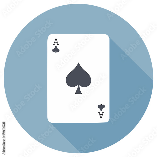 Ace of Spades Playing Card on Blue Circle Icon Isolated Design Element Iconography Luck Gamble Card Game Flat