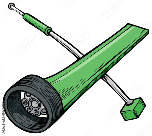 Automotive tire changing tool with wheel and jack illustration