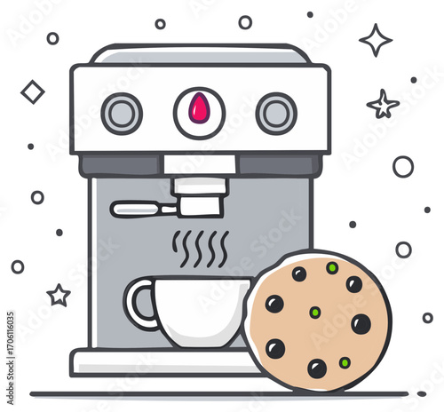 Espresso machine brewing coffee next to a large cookie vector illustration