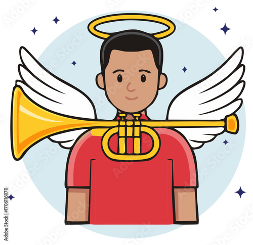 Angel with trumpet in red shirt and angel wings
