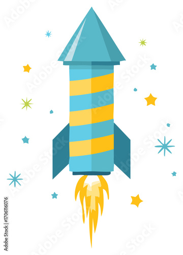 Stylized Striped Rocket Launching into Space, Stars and Flames