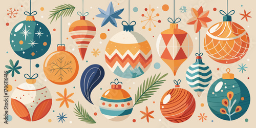 An artistic set of cartoon Christmas decorations with a snowman, star, and gifts creates a merry holiday card design with a wintery new year celebration