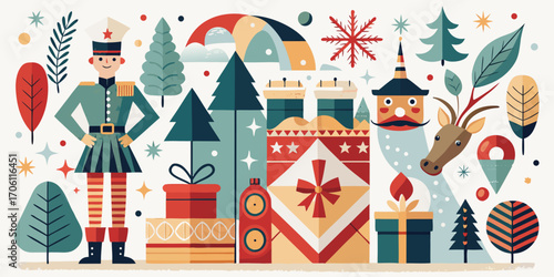 A whimsical birthday clown celebrates with a happy birthday card in a festive cartoon town decorated for a snowy winter holiday