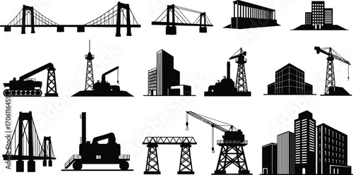 Industrial vector silhouette set, oil rigs, cranes, factories, bridges, towers, city buildings, construction equipment, infrastructure icons, black design