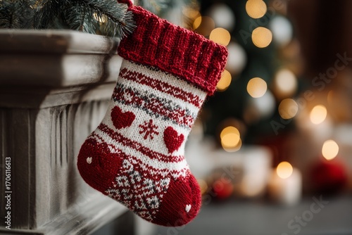 A red and white knit stocking with hearts on it is hanging on a mantle. Christmas stockings, Christmas gift sock holiday concept.
