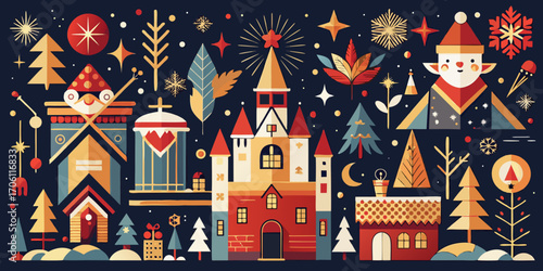 A fairytale Christmas town illustration with a castle, houses, and a decorated tree