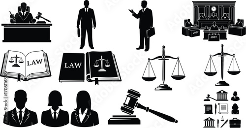 Law and justice silhouette icons, legal vector set, lawyer judge clipart, courtroom illustration, gavel scale book symbols