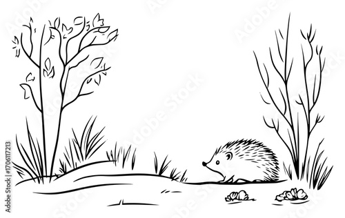 Cute hedgehog in spring woodland clearing with flowers and trees – hand drawn wildlife nature sketch vector illustration