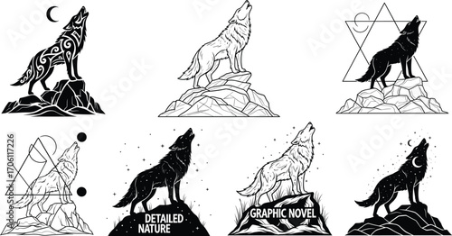 Howling wolf silhouette vector set, tribal, geometric, realistic, graphic novel styles, moon and stars, black and white illustration for storytelling