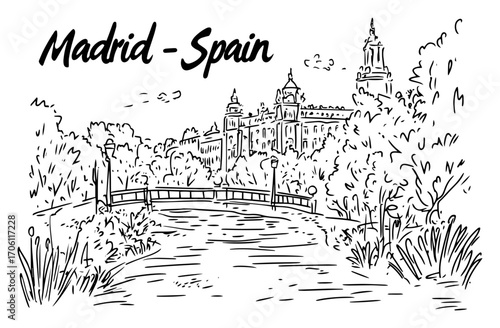 Madrid park scene with historic palace, arched bridge and lush trees, hand drawn Spanish city landscape vector illustration