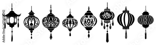Set of traditional Chinese lantern silhouettes hanging in row – festive Asian decoration vector illustration
