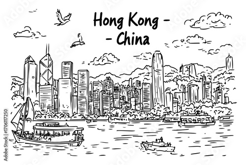Hong Kong skyline with Victoria Harbour boats and towering skyscrapers – detailed hand drawn cityscape vector illustration