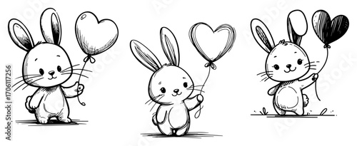 Adorable bunny characters with heart balloons, playful hand drawn rabbits – cute valentines vector illustration