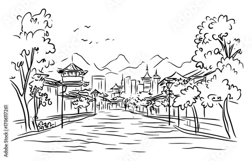 Traditional Chinese garden lake with pagodas, bridge and distant modern city skyline – hand drawn landscape vector illustration