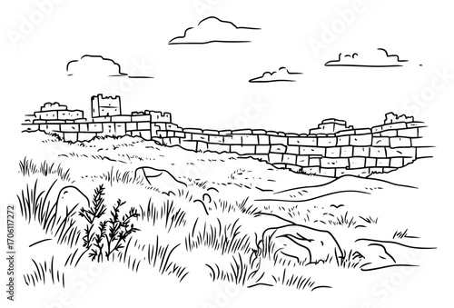 Ancient stone wall ruins across grassy meadow with distant fortress – historical landscape vector illustration