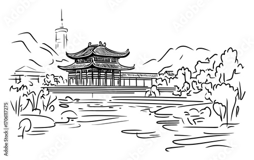 Traditional Korean pavilion by serene lake with mountains, Namsan tower silhouette – hand drawn landscape vector illustration